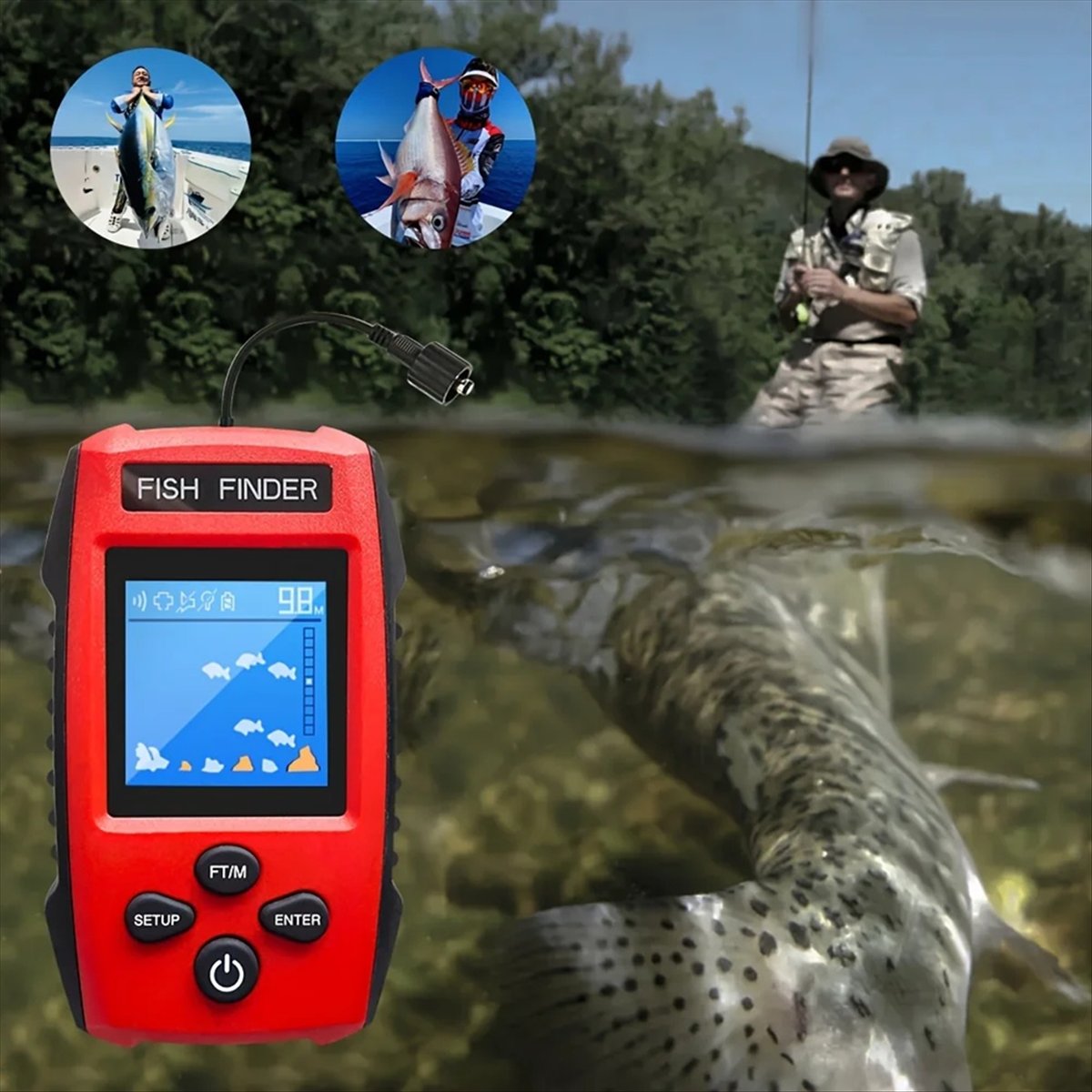 Fishing Depth Finder - カラー液晶魚群探知機 有線ソナー送信機 検出深度計付き 釣りボート、カヤック、釣り用